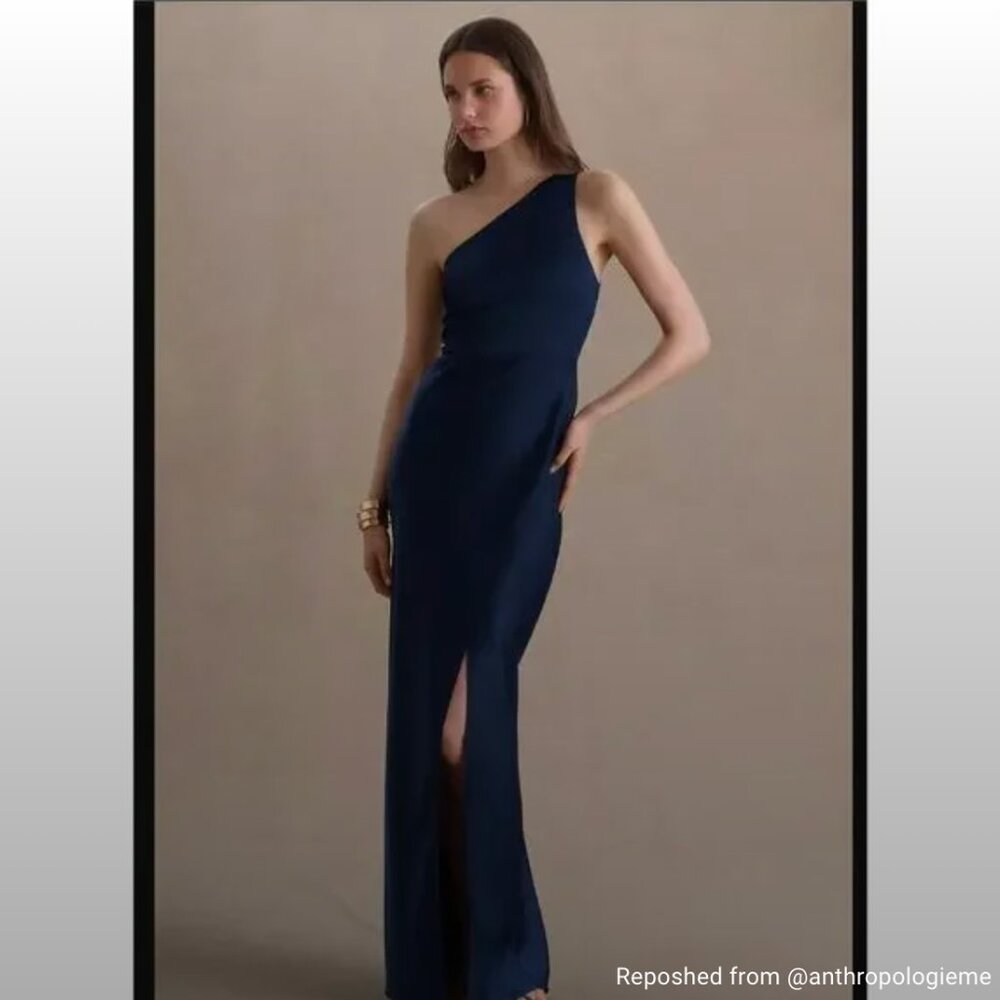 BHLDN Dylan One-Shoulder Satin Side-Slit Gown